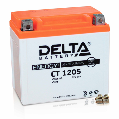Аккумуляторная батарея стартерная 12в 5Ач ОП 80А залитая 114х69х109 Delta (YTX5L-BS,YTZ7S) CT1205