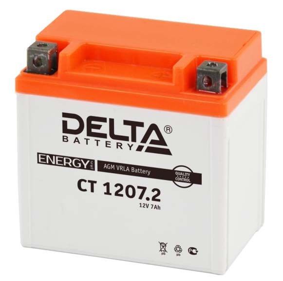 Аккумуляторная батарея стартерная 12в 7Ач ОП 100А залитая 114х68х108 Delta (YTX7L) CT1207.2