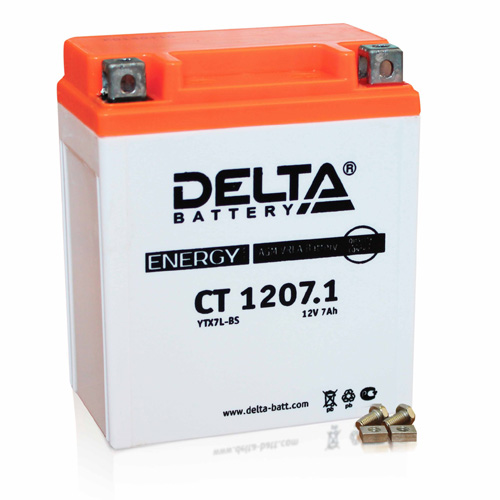  Аккумуляторная батарея стартерная 12в 7Ач ОП 100А залитая 114х68х131 Delta (YTX7L-BS) CT1207.1