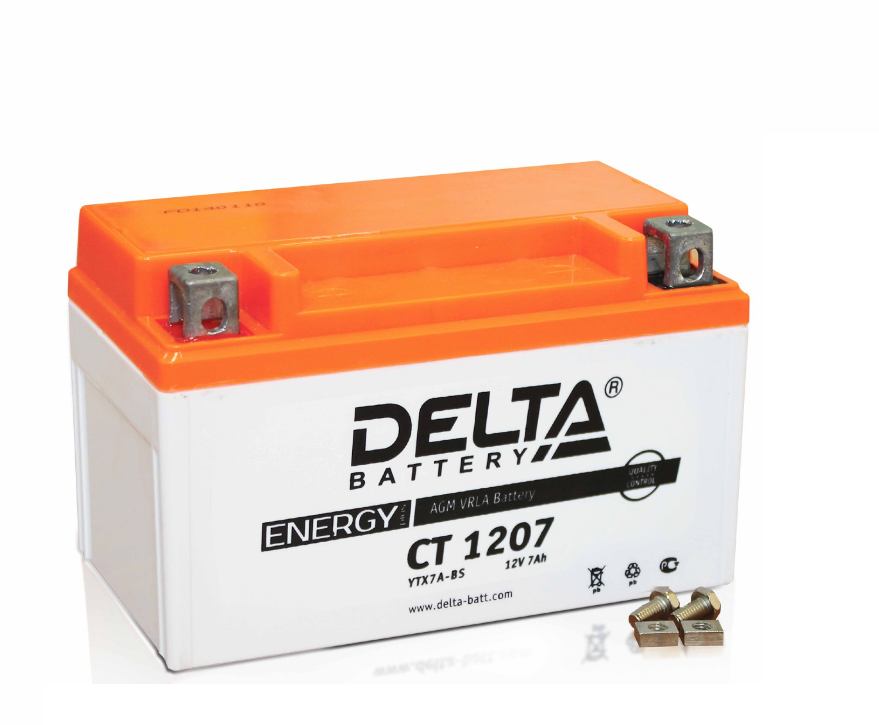  Аккумуляторная батарея стартерная 12в 7Ач ОП 100А залитая 152х87х95 Delta (YTX7A-BS) CT1207