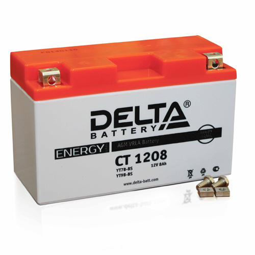 Аккумуляторная батарея стартерная 12в 8Ач ПП 110А залитая 150х66х94 Delta (YT7B-BS,YT9B-BS) CT1208