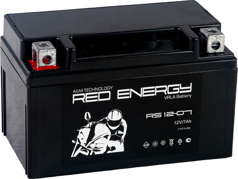 Аккумуляторная батарея стартерная 12в  7Ач ПП 105А залитая 150х86х94 Red Energy (YTX7A-BS) RS1207