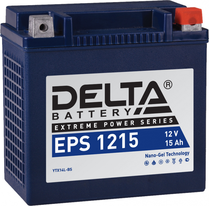 Аккумуляторная батарея стартерная 12в 15Ач ОП 220А залитая 149х87х144мм Delta (YTX14L- ВS) EPS1215